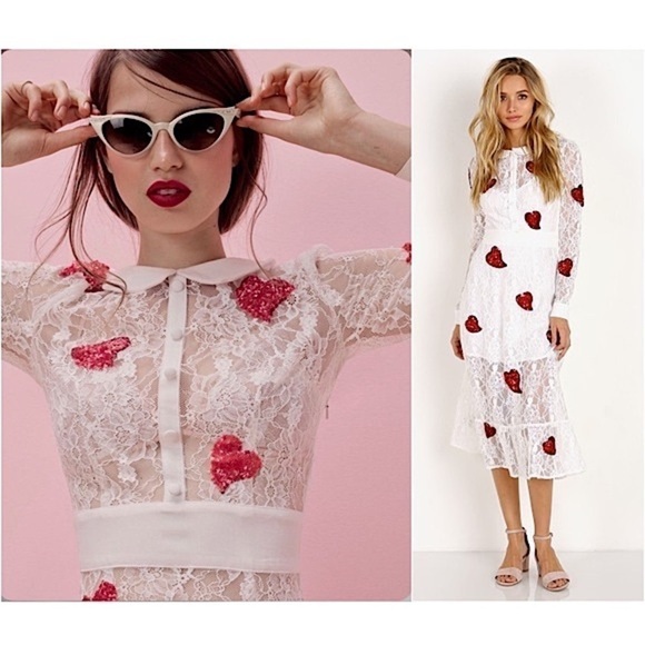NWT FOR LOVE & LEMONS x JAMIE KING White Lace Red Sequin Hearts Midi Dress Sz S - Picture 13 of 14
